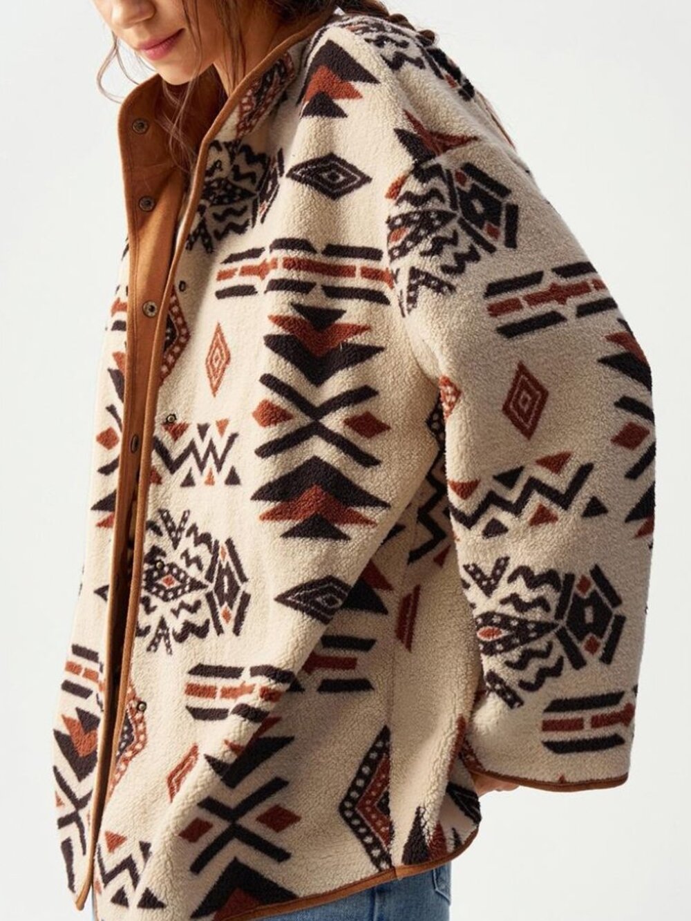 Boho Aztec Geometric Print Fleece Oversized Jacket